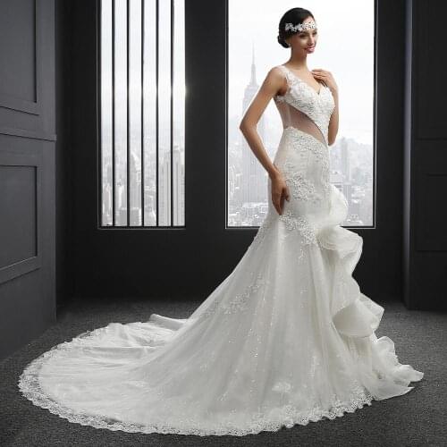 Q004 real photo mermaid wedding dress bridal gowns for bride women v neck sequins applique tulle ruffle wedding guest dresses