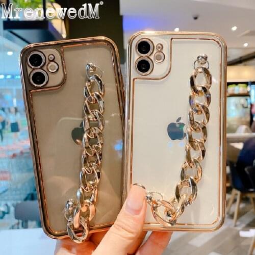 Luxury Plating Bumper Bracelet Phone Case For iPhone 11 12 Pro X XR XS Max 7 8 Plus SE2 Gold Wrist Chain Transparent Soft Covers