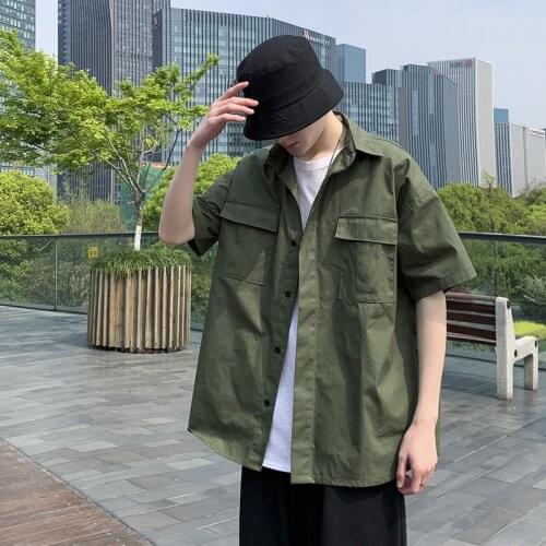 Ins Retro Functional Wind Five-point Short-sleeved Tooling Shirt Male Summer Korean Loose Couple Casual Half-sleeved Shirt