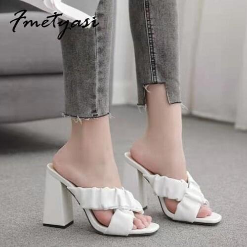 High-heeled Sandals for women New Hollow Light Weight Genuine Leather Pleated Chunky Heels Slip-on Sewing Height Increasing