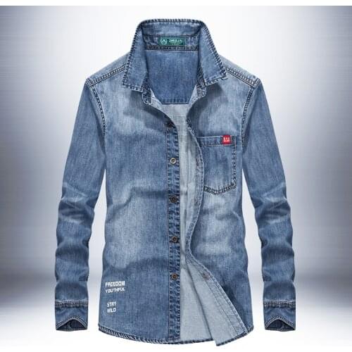 Blue Denim Jeans Shirts Men Long Sleeve Vintage Slim Fit Regular Casual Shirt Men Cotton New Plus Size S-3XL 4XL