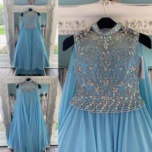 Blue Chiffon Pageant Dresses With Cape for Teens 2020 with Wrap Bling Rhinestones Long Pageant Gowns for Little Girls Formal
