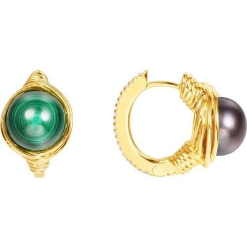 SOELLE 925 Sterling Silver Asymmetric Yellow Gold Color Stones Intemporel Malachite & Grey Pearl Earrings Women Fine Jewelry