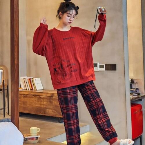 Thick Warm Cotton Women Autumn Winter Long Sleeve Pajamas Set Fashion Red Plaid Long Home Pant Cute Cartoon Bear Women Sleepwear