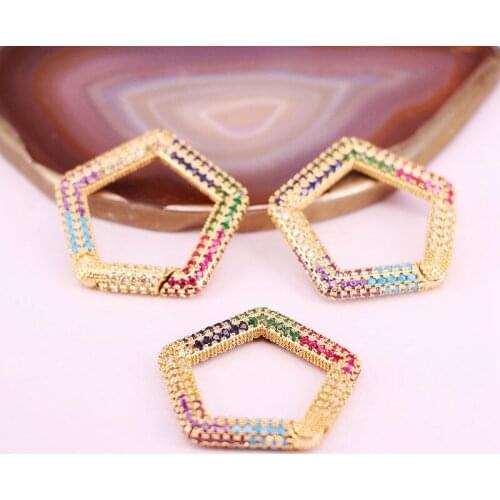 5PCS, Rainbow CZ Micro Pave Geometric Clasp, Gold Color Carabiner Clasp Jewelry Accessories