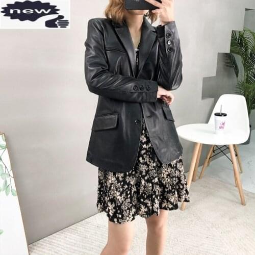 Office Ladies Real Sheepskin Blazer Womens Single Breasted Business Work Genuine Leather Jacket Autumn Elegant Suits Coat