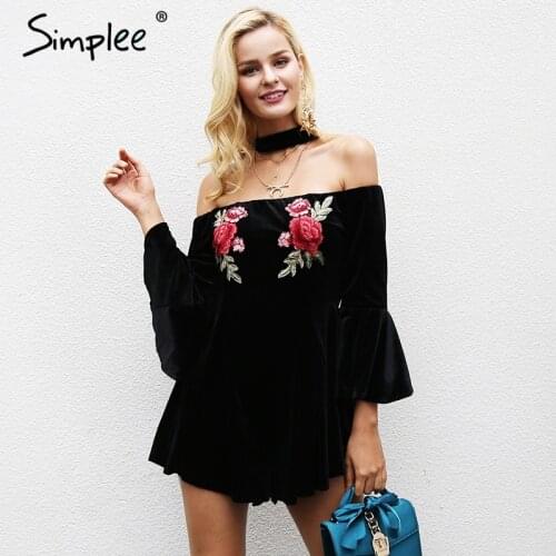 Simplee Embroidery off shoulder halter jumpsuit romper Women Flare sleeve short overalls Streetwear casual velvet playsuit