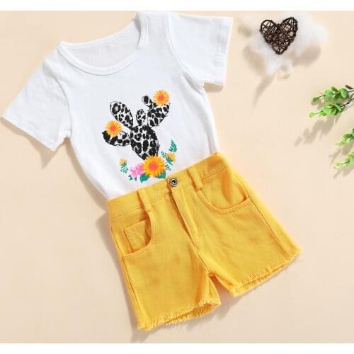 Girls Casual Two-piece Clothes Set, Floral and Cactus Printed Pattern Short Sleeve Tops and Solid Color Shorts