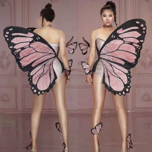 2020 Female Singer Butterfly Wings Sexy Bodysuit Halloween Cosplay Costumes Women Gogo Dance Nightclub DJ Bar Rave Stage Outfits