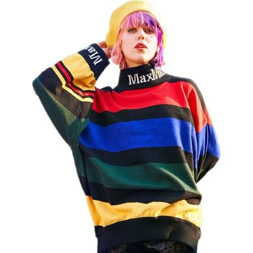 Ladies Spring Autumn Turtleneck Sweaters Women Fashion Striped Letter Plus Size Loose Pullovers Casual Long Sleeve Tops Z327