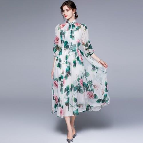 Menahem 2021 Summer Half Lantern Sleeve Chiffon Dress Women Floral Printed Bow Collar Elegant Pleated Female Mid-Calf Vestidos