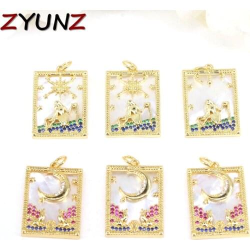 10PCS, Rectangle Shell Charms For Jewelry Making, Moon Star Designer Charms FOR Diy, Gold Charms, CZ Pave Mother of Pearl Shell