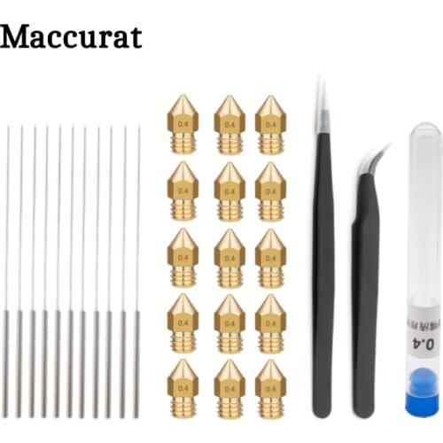 15pcs mk8 nozzle 0.4mm + 10pcs Cleaning Needles 0.4mm Drill Bits +Pt. ESD-15 PT.ESD-12 tweezers 3D printer Parts Cleaning Tool