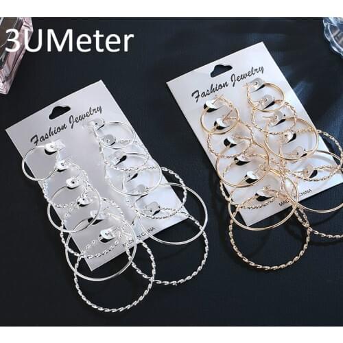 3UMeter Fashion Metal Big Circle Earrings Set For Women Personality Nightclub Twist Earrings 6 Pc Gift Drop Shipping
