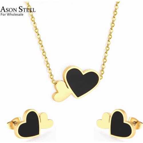 ASONSTEEL Gold/Silver Color Heart to Heart Shell Necklace with Earring Stainless Steel Jewelry Set for Women Jewelry Accessories