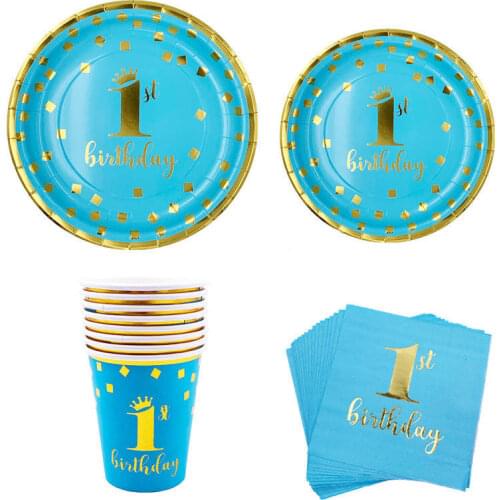 Baby Boy 1st Birthday Party Decoration Blue Disposable Tableware Set Kids First Birthday Party Plates Cups Napkin Supplies