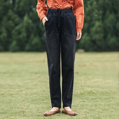 INMAN Autumn Spring Womens Long Jeans Drawstring Elastic Waist Pockets Irregular Hem Simple Lady Vintage Black Denim Trousers