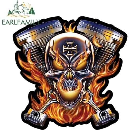 EARLFAMILY 12cm x 12cm Biker Skull Flames Engine Decal Window Car Laptop Toolbox Auto Motorcycle Decoration Car Sticker