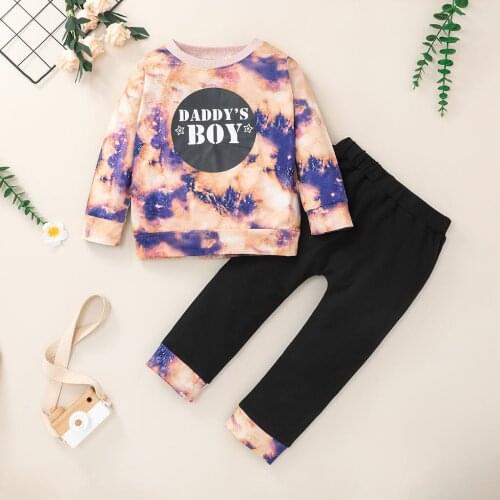 Children Kid Boys Clothes Set Boys Tie-dye Letter Print Long Sleeve O-neck T-shirt + Elastic Waist Trousers