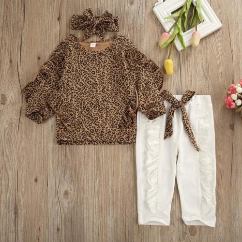 Ins girls round neck long-sleeved leopard print top + pure color pants leopard print bow belt three-piece baby clothes suit