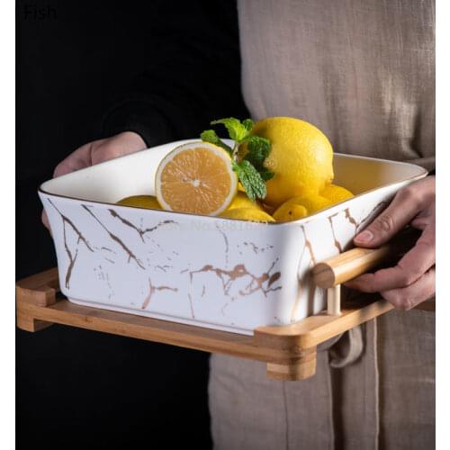 Creative Marble Fruits Ceramic Dish Plate Porcelain Snacks Candy Nut Desserts Eco Natural Serving Wood Tray Set Salad Bowl