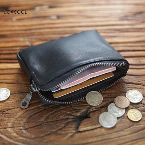 LEACOOL Genuine Leather Coin Purse Cowhide Women Men Black Wallet Small Mini Card Holder Bag Case Zipper Change Purses Female