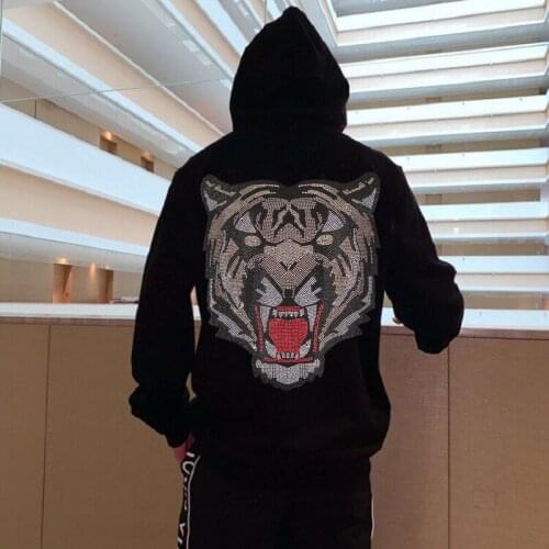 Tiger Picture Mens Fleece Hoodie Shiny Rhinestone Sports Jumper Business Pullover 2021 Exquisite Three-Dimensional
