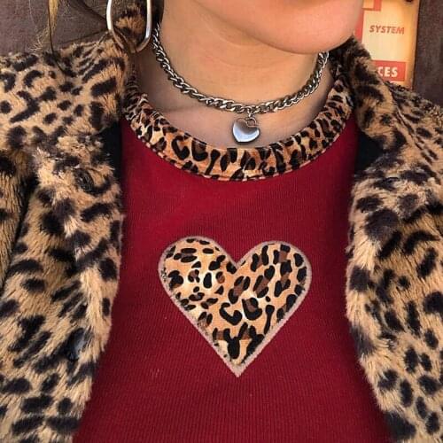 MyErato Street Style Womens New Sexy Leopard Print Love Contrast Color Slim Short Cropped T-shirt Top 90s Fashion Patchwork