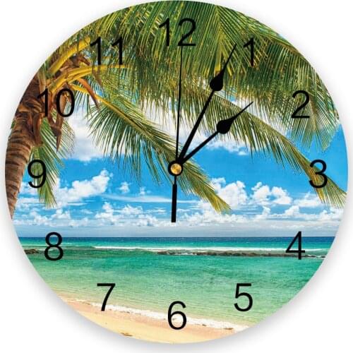 Beach Waves Coconut Trees 3d Wall Clock Modern Design Farmhouse Decor Kitchen Vintage PVC Round Clock Living Room Decoration