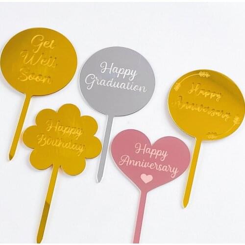 New Golden Wedding Acrylic Cake Decorations Heart-shaped Letters Happy Anniversary Cake Toppers for Birthday Party Cake Toppers