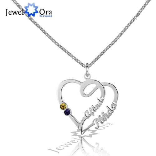 Double Heart DIY Birthstone Necklace Personalized 925 Sterling Silver Heart Shape Name Necklace Lovers Gift (JewelOra NE101589)