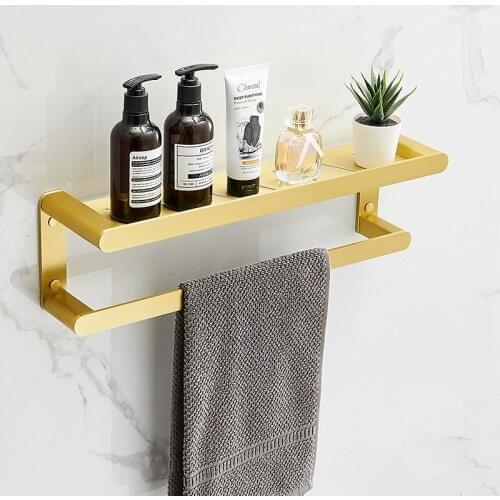 Bathroom Shelf Soap Cosmetic Shower Shampoo Shelf With Hooks Towel Bar Organizer Rack/Holder Wall Mounted Brushed Gold Aluminum