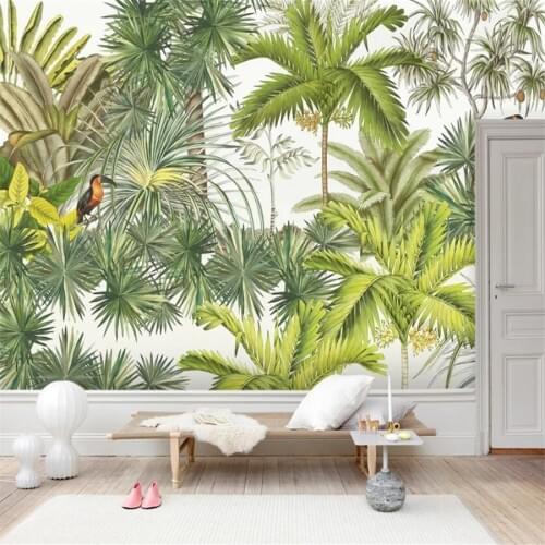 Custom 3D Wallpaper Mural European-style Hand-painted Coconut Banana Tree Toucan Background Wall Decoration Painting