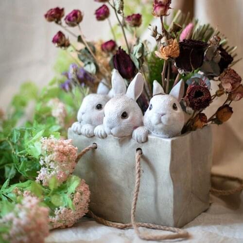 Retro Resin Three Small White Rabbit Vase Pocket Rabbit Hemp Rope Flower Basket Flower Pot Home Decoration Accessories