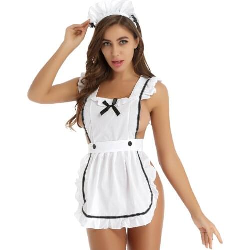 Sexy Arpon Maid Lace Mini Dress Cute Bowknot Open Back Halloween Costume Girls Roleplay Outfit Cotton Short Sleeve For Women