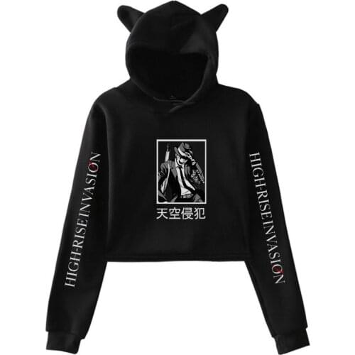 High-Rise Invasion Print Cat Cropped Hoodies Girl Long Sleeve Hooded Pullover Crop Tops Sweet Sexy Loose Kawaii Tide