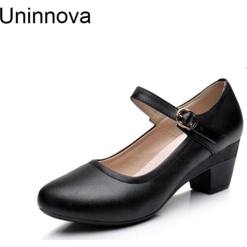 Uninnova Womens Mary Janes Med Heel Shoes Black Shallow Pumps Plus Size 43 Small Size 32 White Shoes WP106