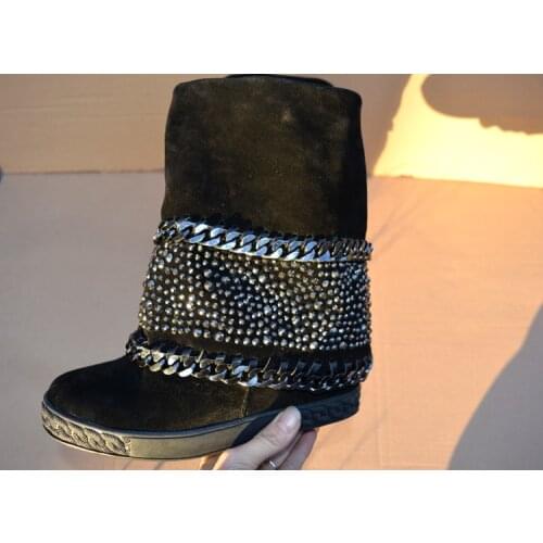 Height Increasing 2021 Winter Shoes Woman Furry Fur Snow Boots Plush Luxury Platform High Heels Wedge Suede Leather Shoes