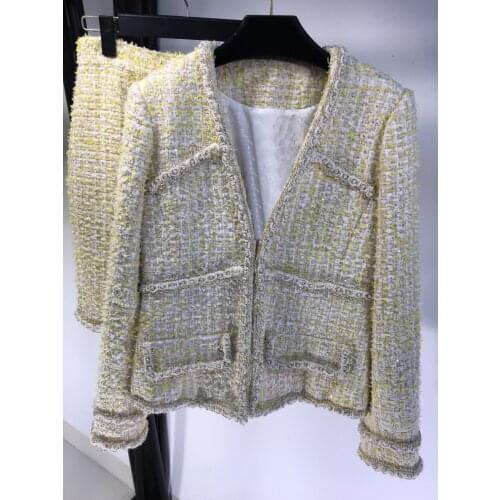 New ladies fashion 2021 tweed suit beaded jacket + skirt 2-piece set 0118