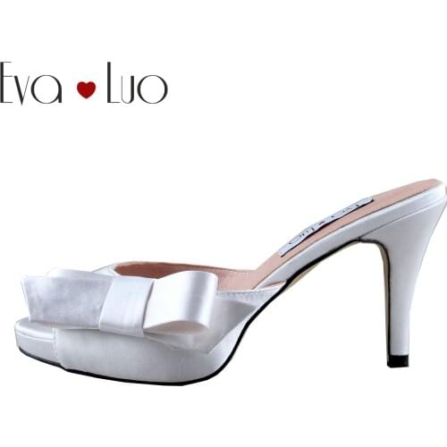CHS1104 Custom Made White Ivory Satin Bow High Heels Women Slipper Sandals Wedding Shoes Women Shoes Slides