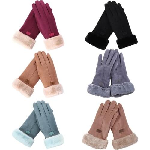 Women Winter Faux Suede Touch Screen Gloves Thermal Warm Plush Lined Cold Weather Windproof Driving Elegant Full Finger Mittens