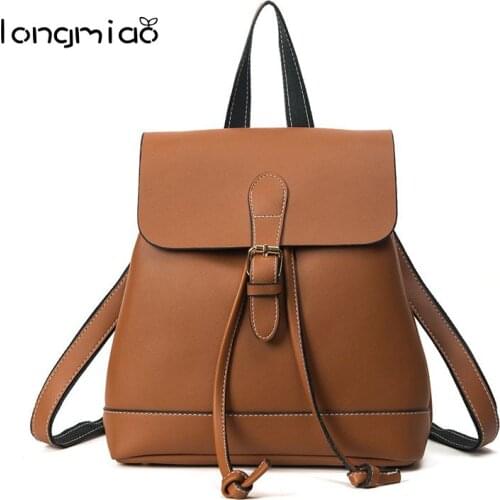 Longmiao Rotro Backpack Women PU Leather Bag Small Solid Backpack School Bags for Teenagers Girls Rucksack Mochila Feminina