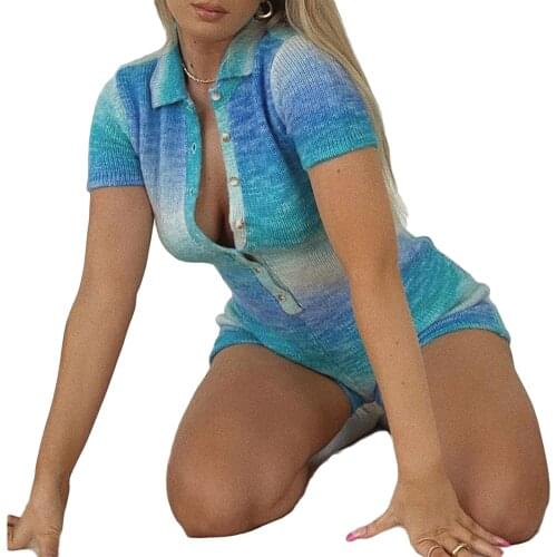 Women Summer Knitted Jumpsuits Fashion Tie-Dye/Stripe Turn-Down Collar Short Sleeve Button-Open Rompers Female Outfits