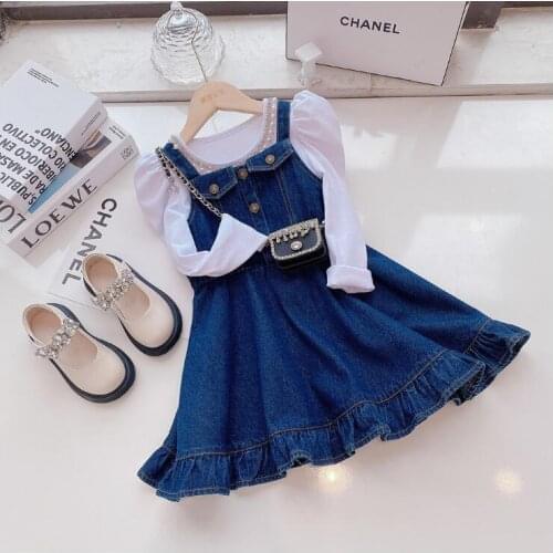 2021 Korean style girls denim dress ruffles fashion autumn girls vest dresses 4-9 years B696