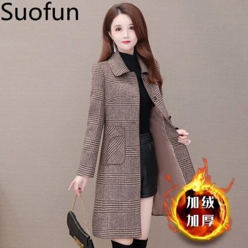 Suofun Casual Woollen Coat Womens Middle Long Style New 2021 Winter Small Temperament Fashion Reducing Warm Woolen Coats