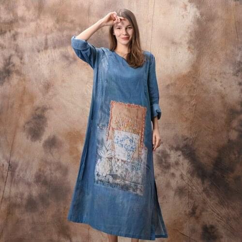 Women Loose Printed Ramie Dress Ladies Loose Embroidery Elegant Dresses Female Vintage Spring THin Dress 2019