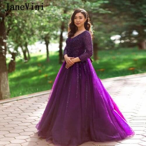 JaneVini Luxury Beading Purple Arabic Long Evening Dresses with Sleeves V Neck A Line Tulle Floor Length Women Formal Party Gown