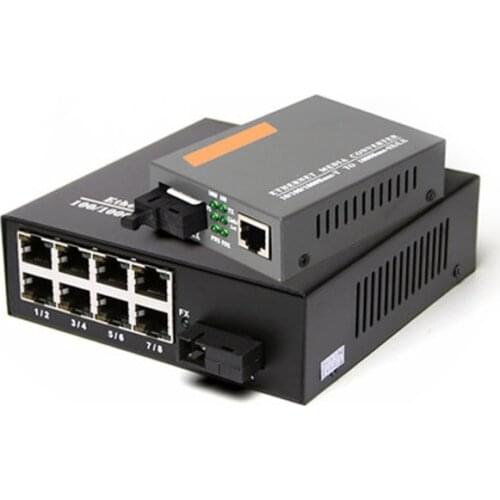 1 SC interface and 8 ports RJ45 ethernet swltch converter HTB-3100AB 1000M Single Fiber 20KM fiber optic Receiver 1Pair