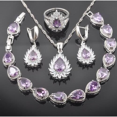 2020 New Water Drop Purple Crystal White CZ Silver Color Women Wedding Jewelry Sets Bracelet Pendant Earrings Ring QS0391
