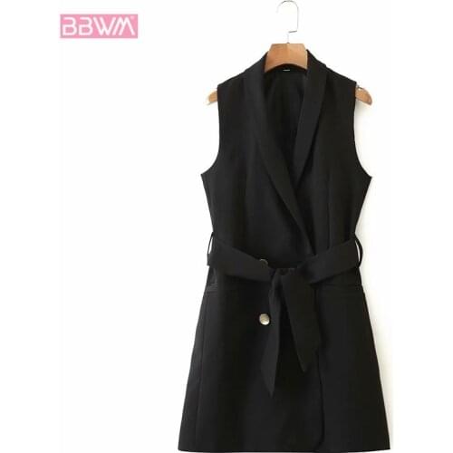 Black Lapel Sleeveless with Belt Chic Womens Vest Double-breasted Fashionable Casual Vacation Female Vest